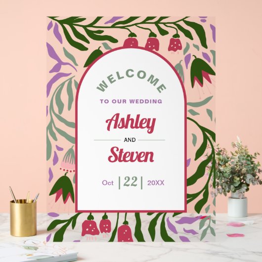 Retro-Boho-Bogen, Folklore-Blume willkommen Hochze Acrylschild (Hochzeit)