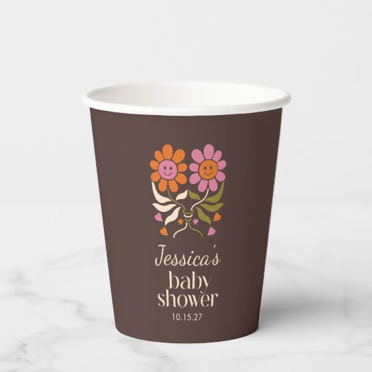 Retro Boho Brown Blume Groovy Babydusche nach Maß Pappbecher (Rückseite)