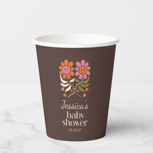 Retro Boho Brown Blume Groovy Babydusche nach Maß Pappbecher (Vorderseite)