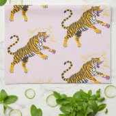 Retro Boho Brüllender Tiger Orange Pink Geschirrtuch (Gefaltet)