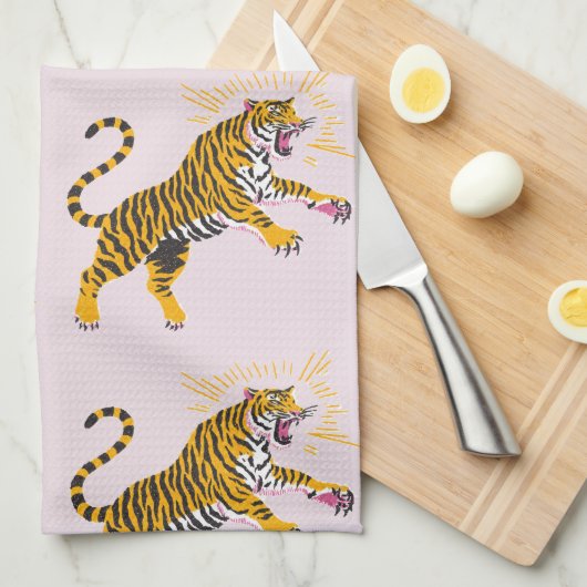 Retro Boho Brüllender Tiger Orange Pink Geschirrtuch (Viertel Falte)