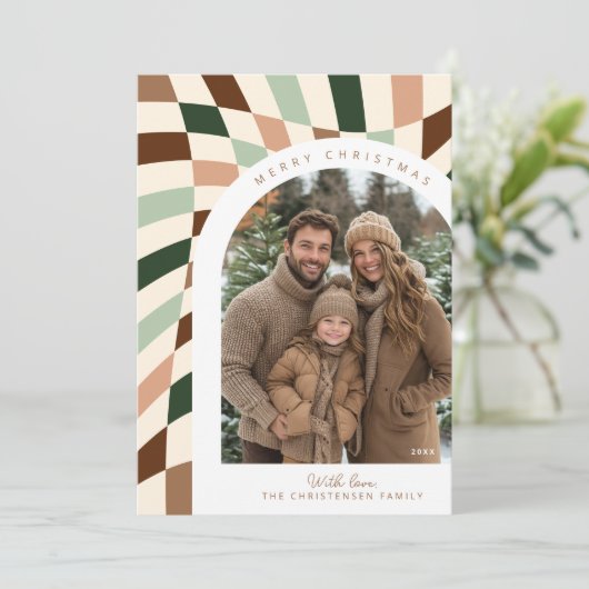 Retro Boho Checkered Foto Weihnachtskarte Ankündigung (Stehend Vorderseite)