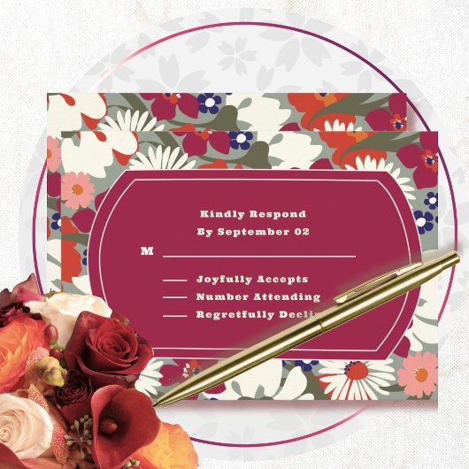 Retro Boho Chic Florales Burgunder Hochzeit RSVP