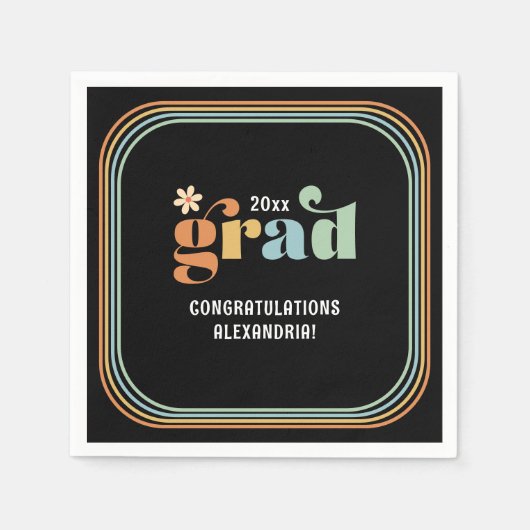 Retro Boho Daisy 2025 Grad Black Party Napkins Serviette (Vorderseite)
