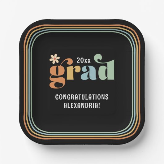 Retro Boho Daisy 2025 Grad Party Paper Teller (Vorderseite)