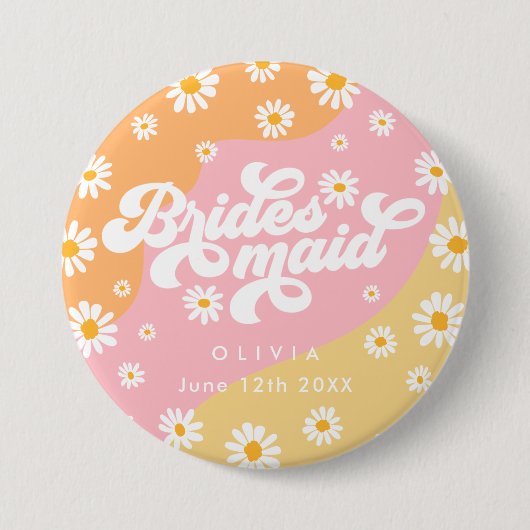 Retro Boho Daisy Personalisiert Bridesmaid Gift Button (Vorderseite)