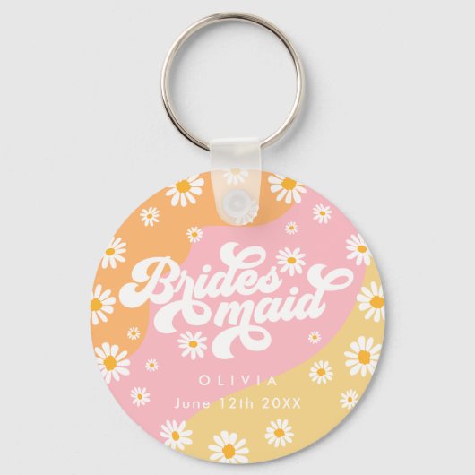 Retro Boho Daisy Personalisiert Bridesmaid Gift Schlüsselanhänger (Vorderseite)