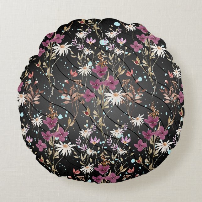 Retro Boho Elegante Wildblumen Rundes Kissen (Vorderseite)