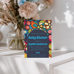 Retro Boho Farbige 70er Blumen Baby Shower Party Einladung