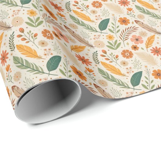 Retro Boho Floral and Feather Pattern Geschenkpapier (Rolleneckpunkt)