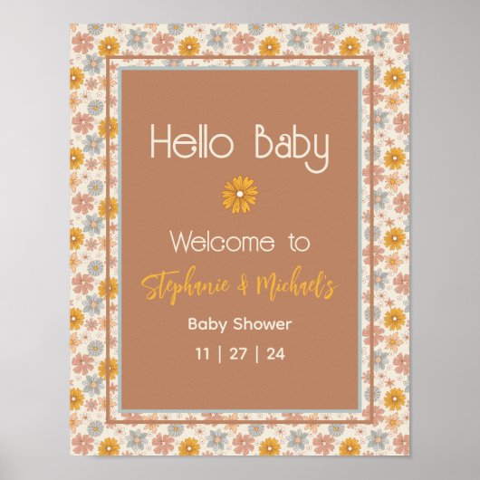 Retro Boho Floral Baby Dusche Begrüßungszeichen Poster (Vorne)