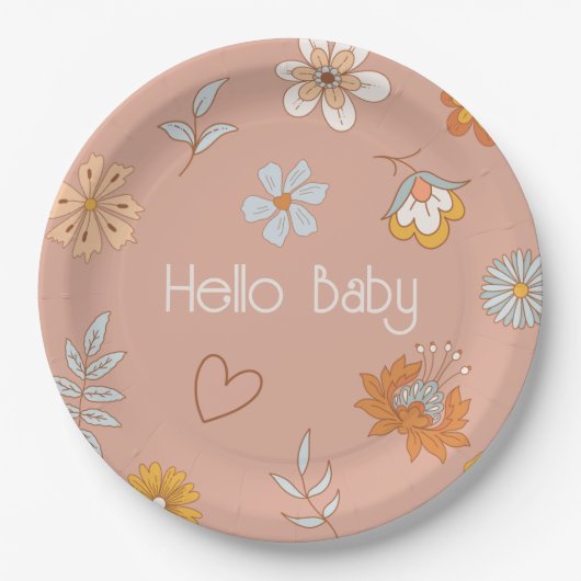 Retro Boho Floral Baby Dusche Hallo Baby Tableware Pappteller (Vorderseite)