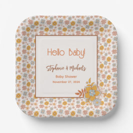 Retro Boho Floral Baby Shower Gender neutral Pappteller
