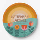 Retro Boho Floral Bold & Bright farbenfrohe Hochze Pappteller (Vorderseite)