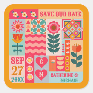Retro Boho Floral Bold & Bright Save The Date Quadratischer Aufkleber