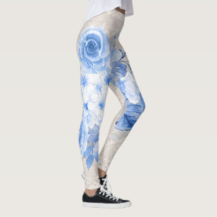 Retro Boho Floral Leggings für Damen Blauer Blumen