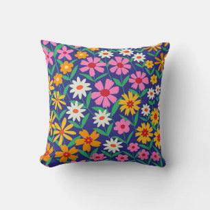 Retro Boho Frühlingsbunte Blumen auf Marineblau Kissen