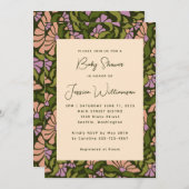 Retro Boho Green Botanical Groovy Baby Dusche Einladung (Vorne/Hinten)