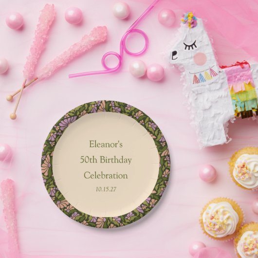 Retro Boho Green Niedlich BlumenCustom 50. Geburts Pappteller (Party)