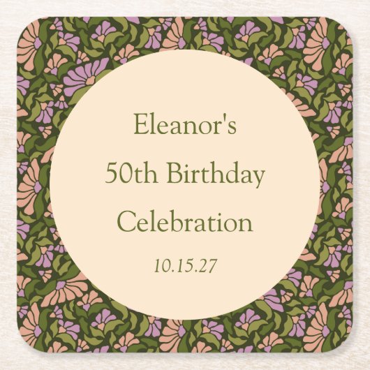 Retro Boho Green Niedlich BlumenCustom 50. Geburts Rechteckiger Pappuntersetzer (Vorderseite)