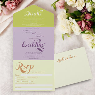 Retro Boho grün violett Schrift chic Hochzeit All In One Einladung