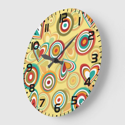 Retro Boho Herz und Kreise 70er Groovy Muster Große Wanduhr (Winkel)
