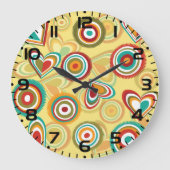 Retro Boho Herz und Kreise 70er Groovy Muster Große Wanduhr (Vorderseite)
