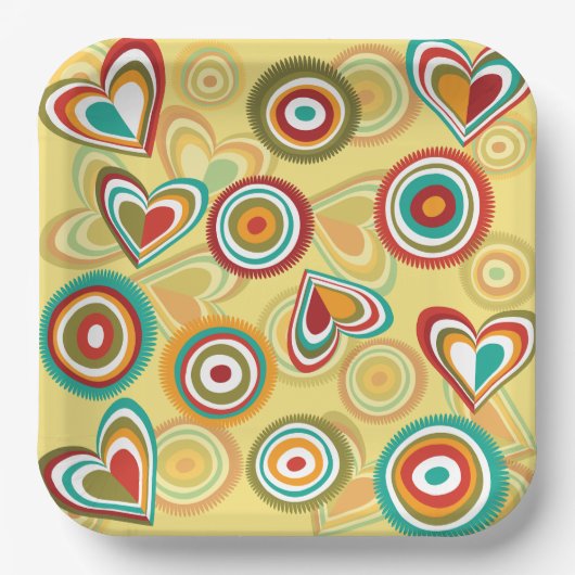 Retro Boho Herz und Kreise 70er Groovy Muster Pappteller (Vorderseite)