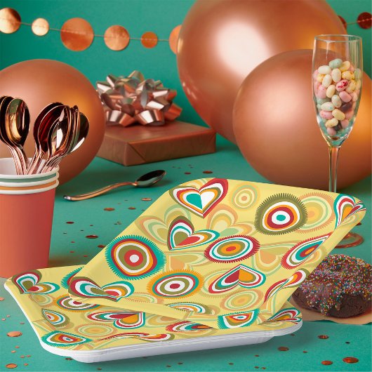 Retro Boho Herz und Kreise 70er Groovy Muster Pappteller