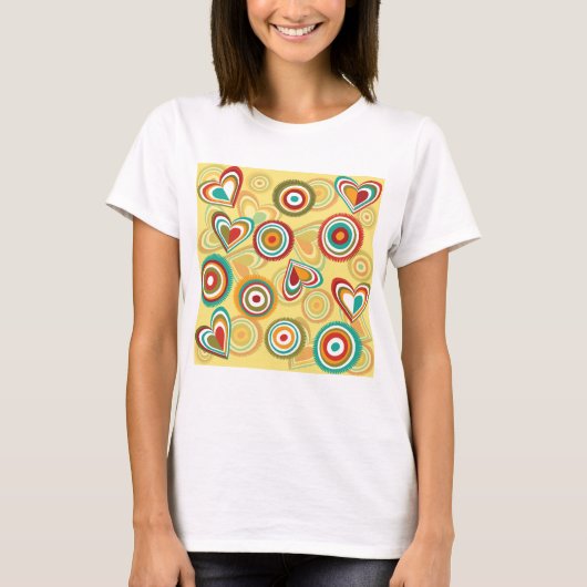 Retro Boho Herz und Kreise 70er Groovy Muster T-Shirt (Vorderseite)