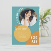 Retro boho Kreis blauer Senf 5 Foto Abschluss Einladung (Stehend Vorderseite)