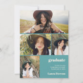 Retro boho Kreis blauer Senf 5 Foto Abschluss Einladung (Rückseite)