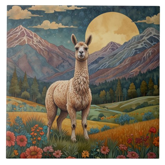 Retro-Boho-Llama-Alpaka-Berglandschaft Fliese (Vorderseite)