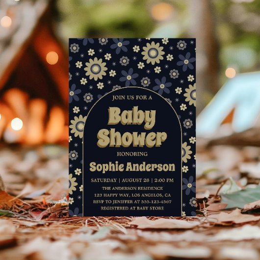 Retro Boho Navy Floral Arch Baby Shower Einladung