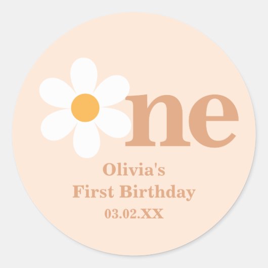 Retro Boho One Daisy Erster Geburtstag Runder Aufkleber (Vorderseite)