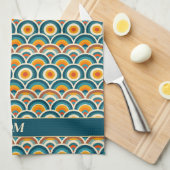 Retro Boho Orange Blue Sun Muster Monogram Geschirrtuch (Viertel Falte)