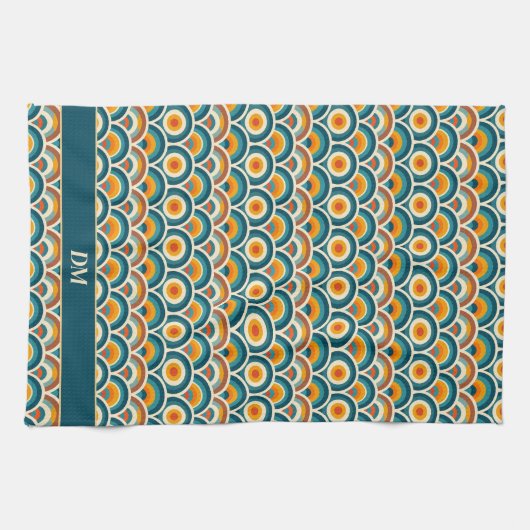 Retro Boho Orange Blue Sun Muster Monogram Geschirrtuch (Horizontal)