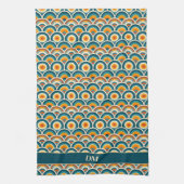 Retro Boho Orange Blue Sun Muster Monogram Geschirrtuch (Vertikal)
