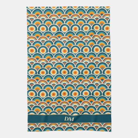 Retro Boho Orange Blue Sun Muster Monogram Geschirrtuch (Vertikal)