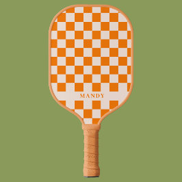 Retro Boho Orange Checkerboard Custom Name Pickleball Schläger