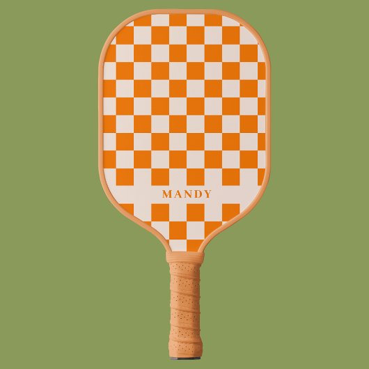 Retro Boho Orange Checkerboard Custom Name Pickleball Schläger