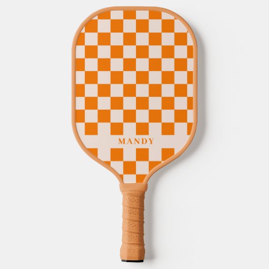 Retro Boho Orange Checkerboard Custom Name Pickleball Schläger (Rückseite)