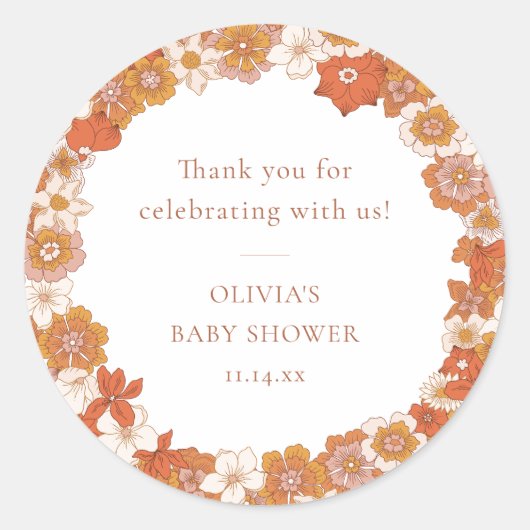 Retro Boho Orange Floral Baby Shower Thank You Runder Aufkleber (Vorderseite)
