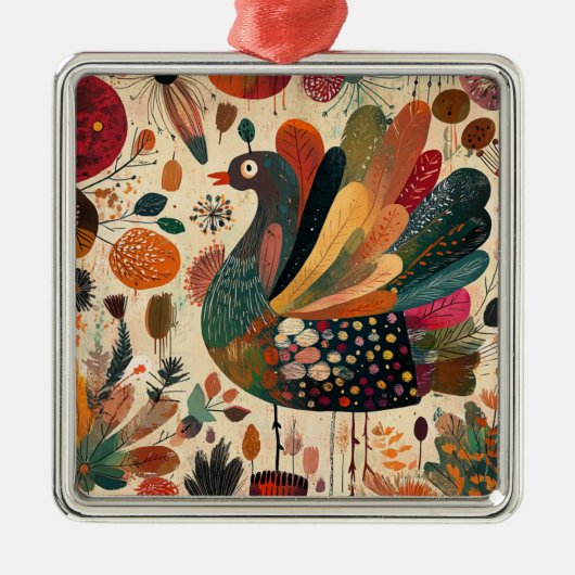 Retro Boho Patchwork Herbst Truthahn Ornament Aus Metall (Vorne)