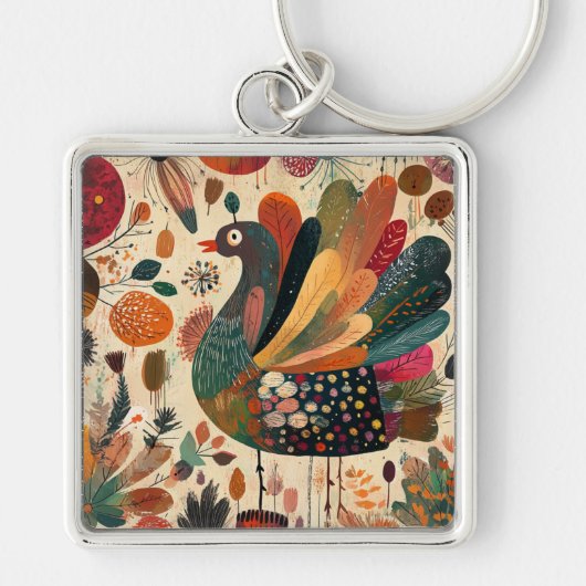 Retro Boho Patchwork Herbst Truthahn Schlüsselanhänger (Vorne)
