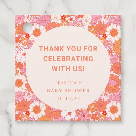 Retro Boho Pink Floral Custom Baby Dusche Dank Geschenkanhänger (Vorderseite)