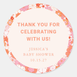 Retro Boho Pink Floral Custom Baby Dusche Dank Runder Aufkleber
