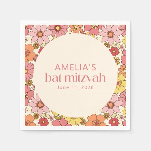 Retro Boho Pink Floral Groovy Bat Mitzvah Custom Serviette (Vorderseite)