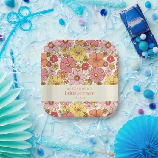 Retro Boho Pink Gelb Brautparty Pappteller (Party)