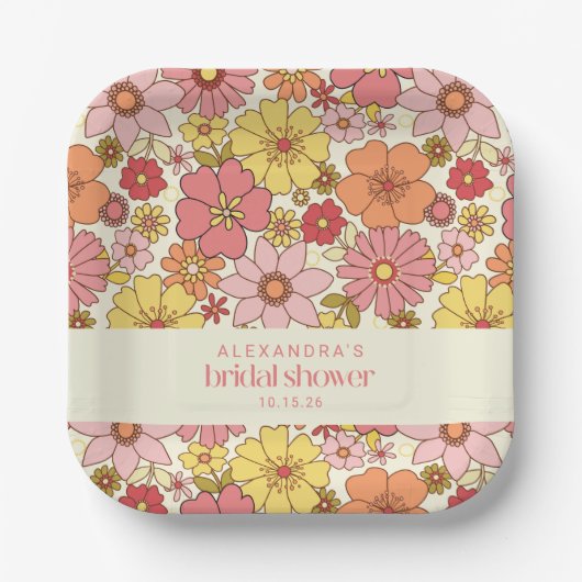 Retro Boho Pink Gelb Brautparty Pappteller (Vorderseite)